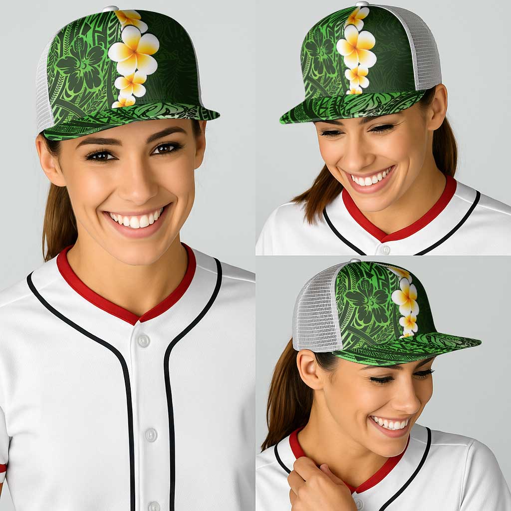 Green Polynesia Baseball Net Cap Plumeria Tropical Leaves With Galaxy Polynesian Art - Polynesian Pride