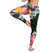 Green Polynesia Leggings Plumeria With Hibiscus Pattern Tropical Vibes - Polynesian Pride