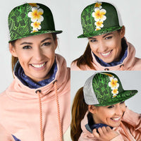 Green Polynesia Mesh Trucker Cap Plumeria Tropical Leaves With Galaxy Polynesian Art - Polynesian Pride