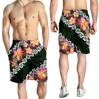 Green Polynesia Shorts for Men Plumeria With Hibiscus Pattern Tropical Vibes - Polynesian Pride