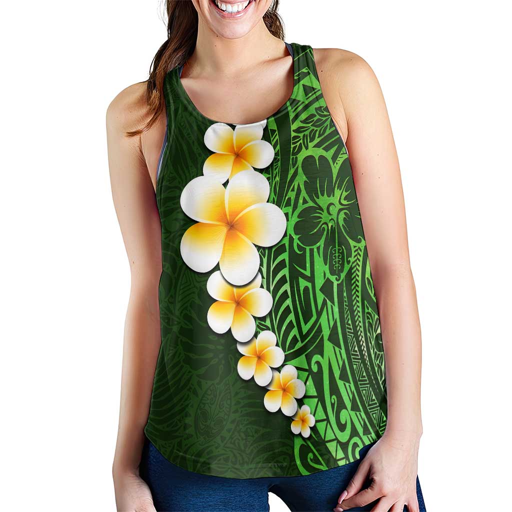 Green Polynesia Women Racerback Tank Plumeria Tropical Leaves With Galaxy Polynesian Art - Polynesian Pride