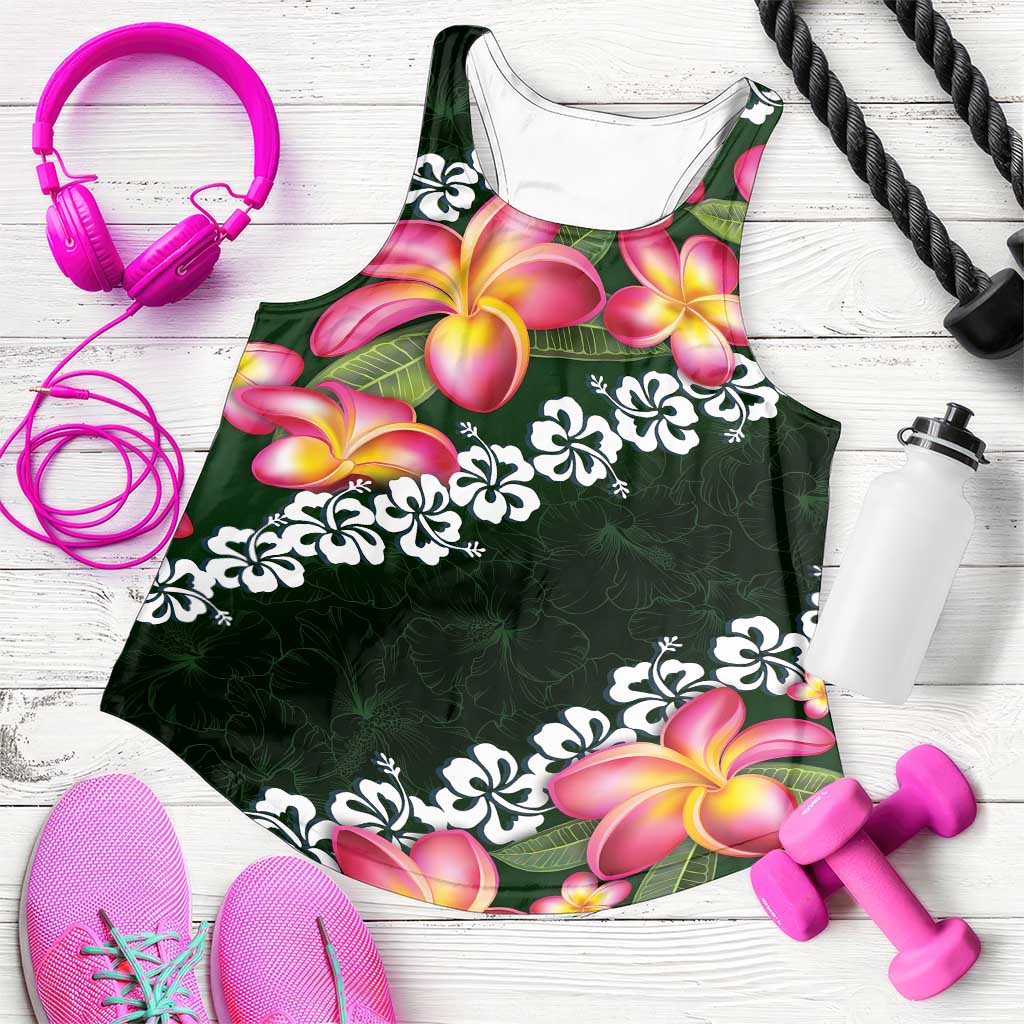 Green Polynesia Women Racerback Tank Plumeria With Hibiscus Pattern Tropical Vibes - Polynesian Pride