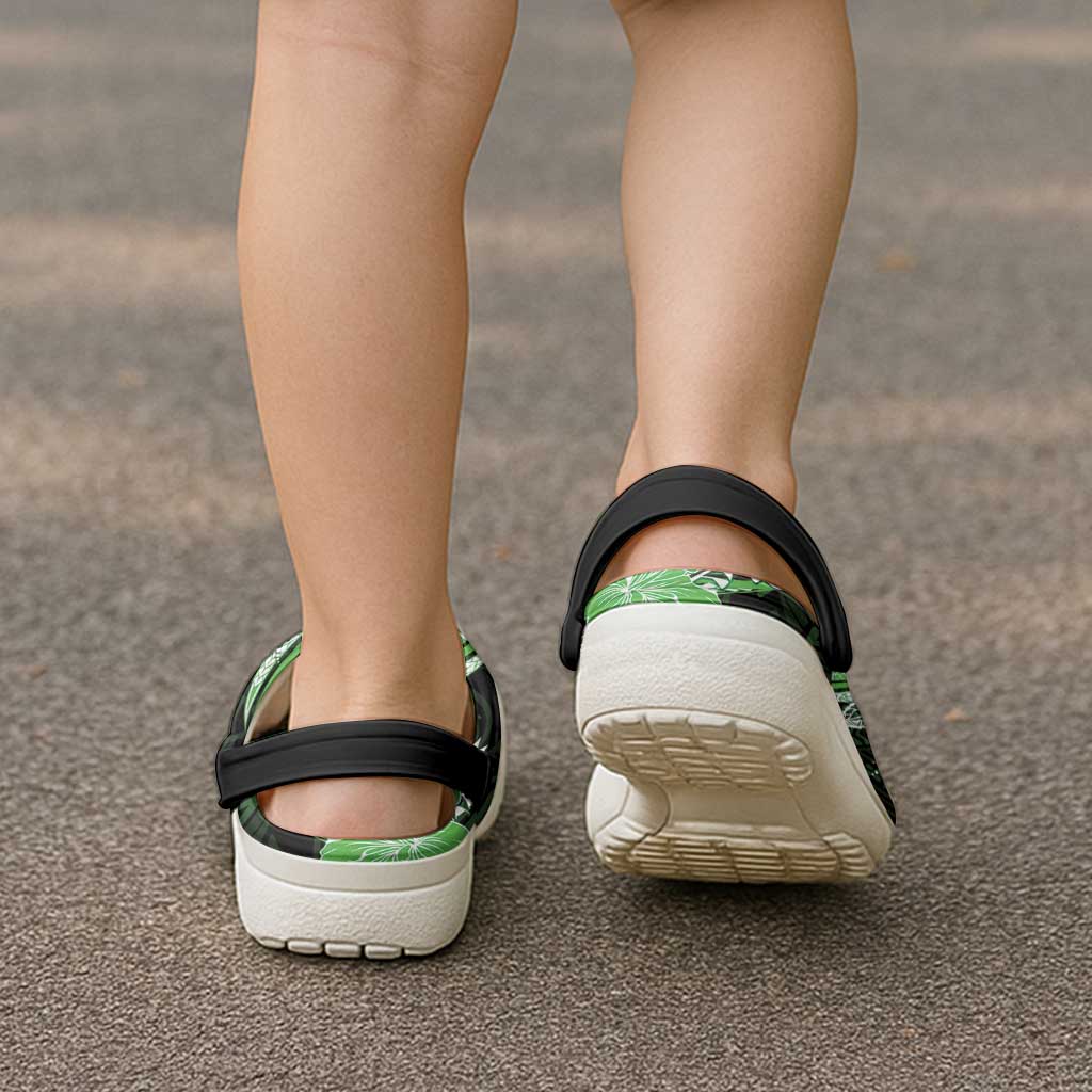 Green Polynesian Pattern With Tropical Flowers Clogs Shoes - Polynesian Pride
