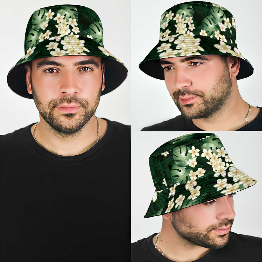 Green Tropical Hawaii Bucket Hat Seamless Monstera Plumeria Hawaiian Pattern - Polynesian Pride