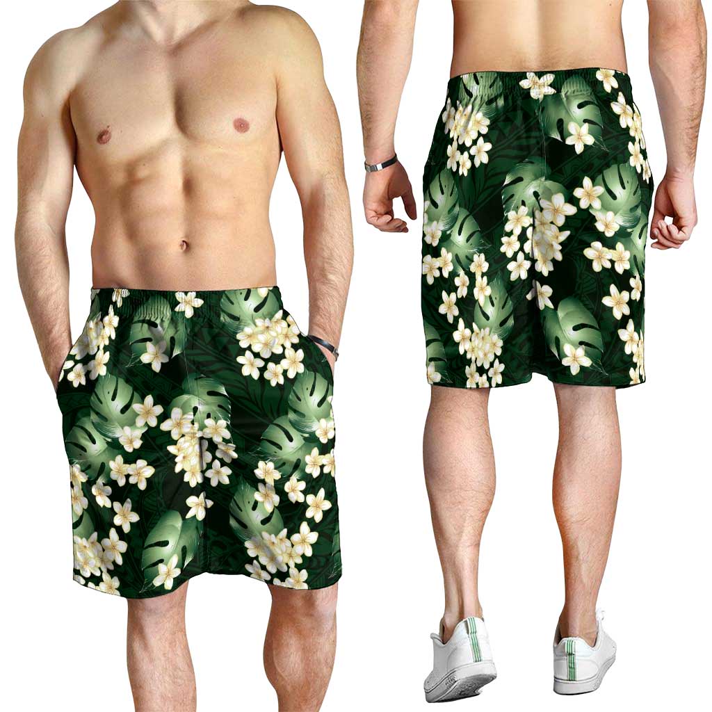 Green Tropical Hawaii Shorts for Men Seamless Monstera Plumeria Hawaiian Pattern - Polynesian Pride