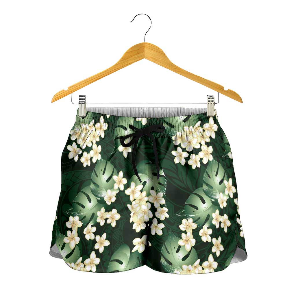 Green Tropical Hawaii Shorts for Women Seamless Monstera Plumeria Hawaiian Pattern - Polynesian Pride