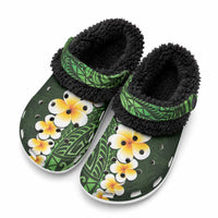 Green Tropical Plumeria With Galaxy Polynesian Art Fleece Clogs