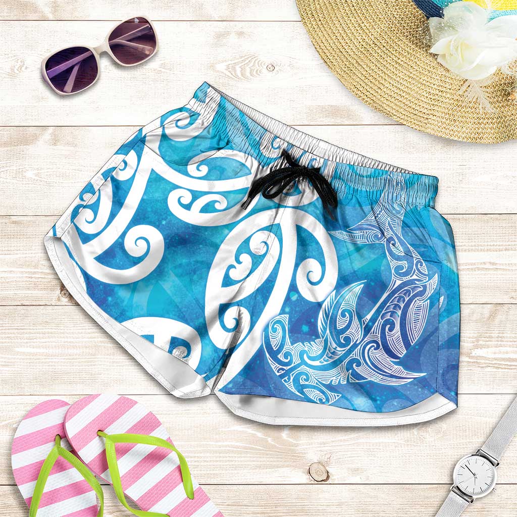 Hammerhead Shark Tattoo New Zealand Shorts for Women Maori Galaxy Mangopare Pattern LT14 Turquoise - Polynesian Pride