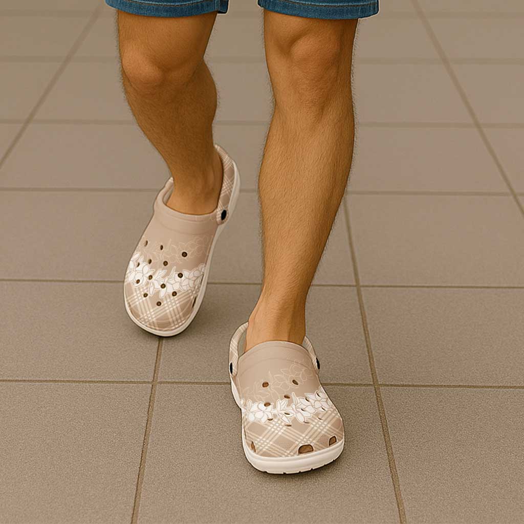 Hawaii Aloha Plumeria Lei Beige Palaka Clogs Shoes - Polynesian Pride