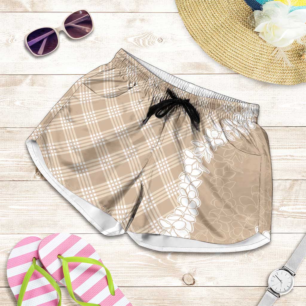 Hawaii Aloha Plumeria Lei Beige Palaka Shorts for Women - Polynesian Pride