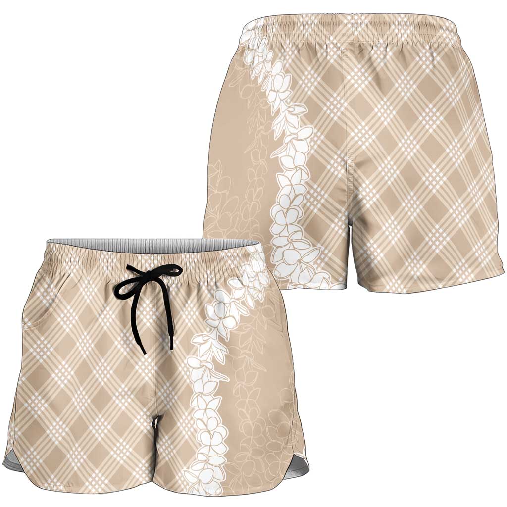 Hawaii Aloha Plumeria Lei Beige Palaka Shorts for Women - Polynesian Pride