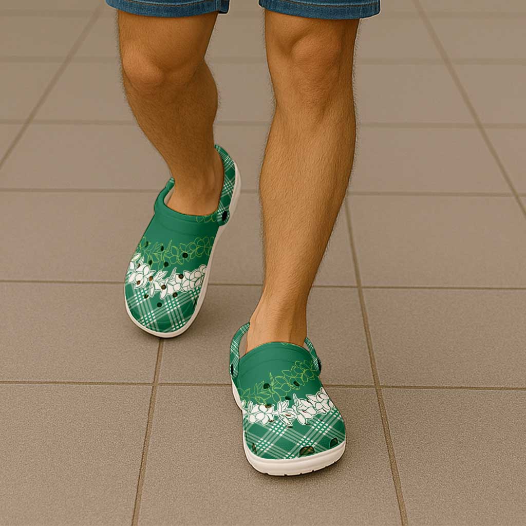 Hawaii Aloha Plumeria Lei Green Palaka Clogs Shoes - Polynesian Pride