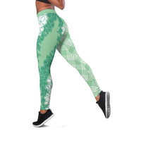 Hawaii Aloha Plumeria Lei Mint Palaka Leggings - Polynesian Pride