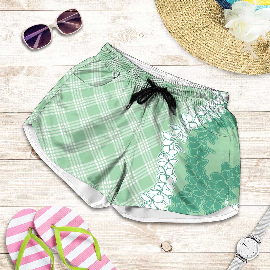 Hawaii Aloha Plumeria Lei Mint Palaka Shorts for Women - Polynesian Pride