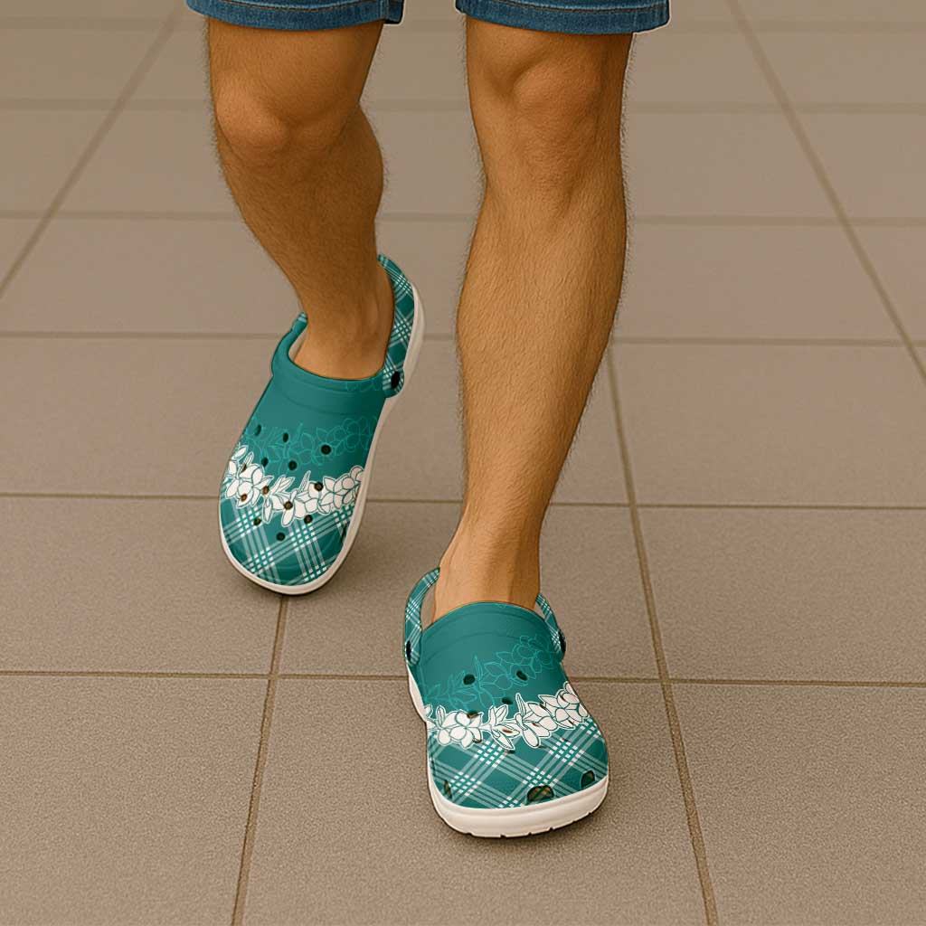 Hawaii Aloha Plumeria Lei Teal Palaka Clogs Shoes - Polynesian Pride