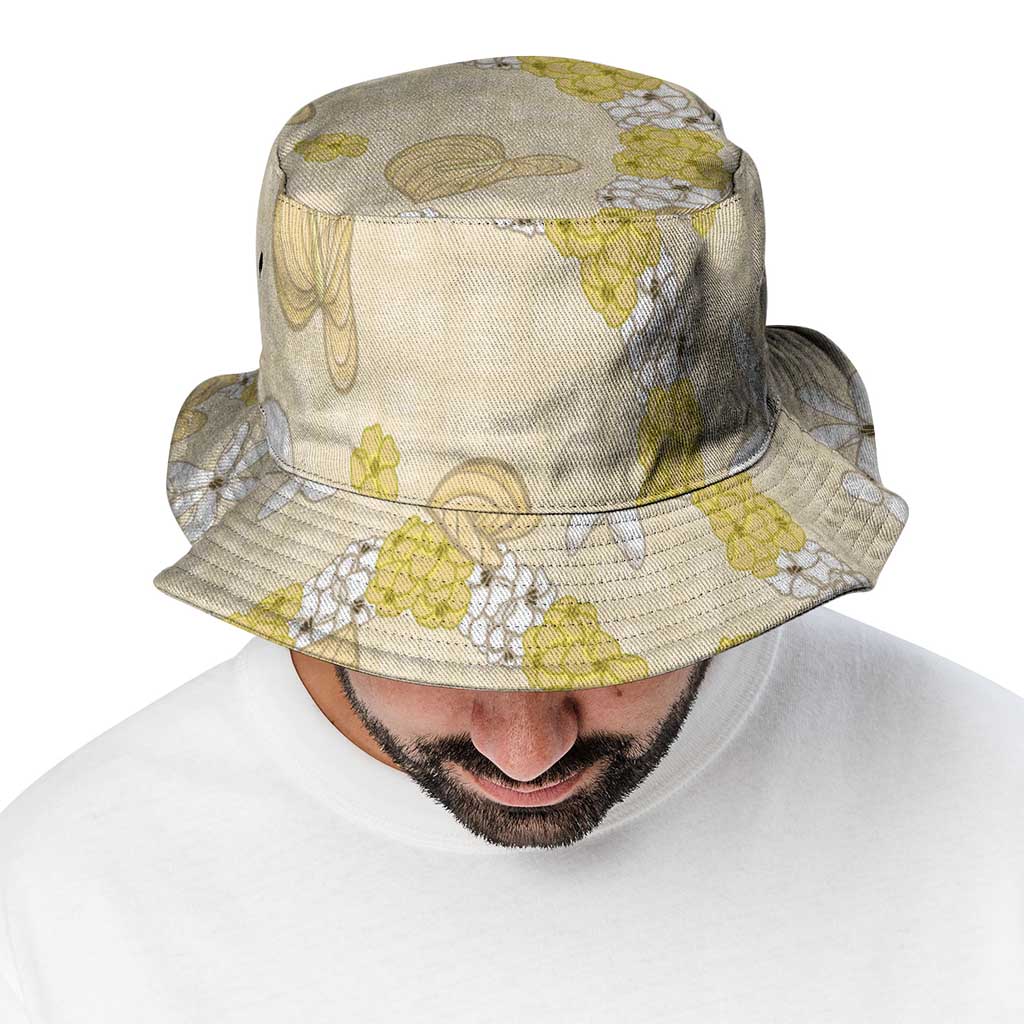 Hawaii Anthurium Tiare Pikake Lei Bucket Hat Melemele Lauhala Art Pattern