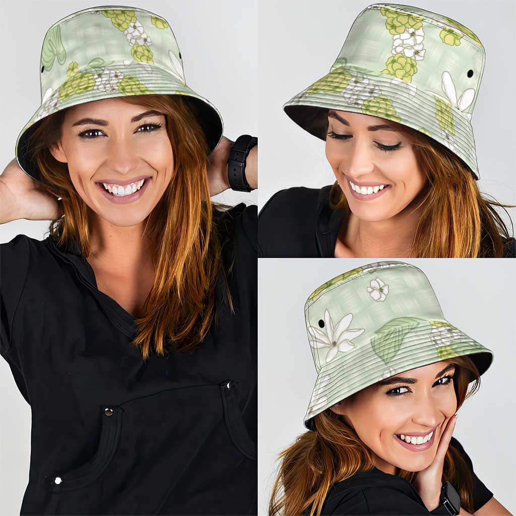 Hawaii Anthurium Tiare Pikake Lei Bucket Hat Sage Green Lauhala Art Pattern