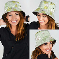 Hawaii Anthurium Tiare Pikake Lei Bucket Hat Sage Green Lauhala Art Pattern