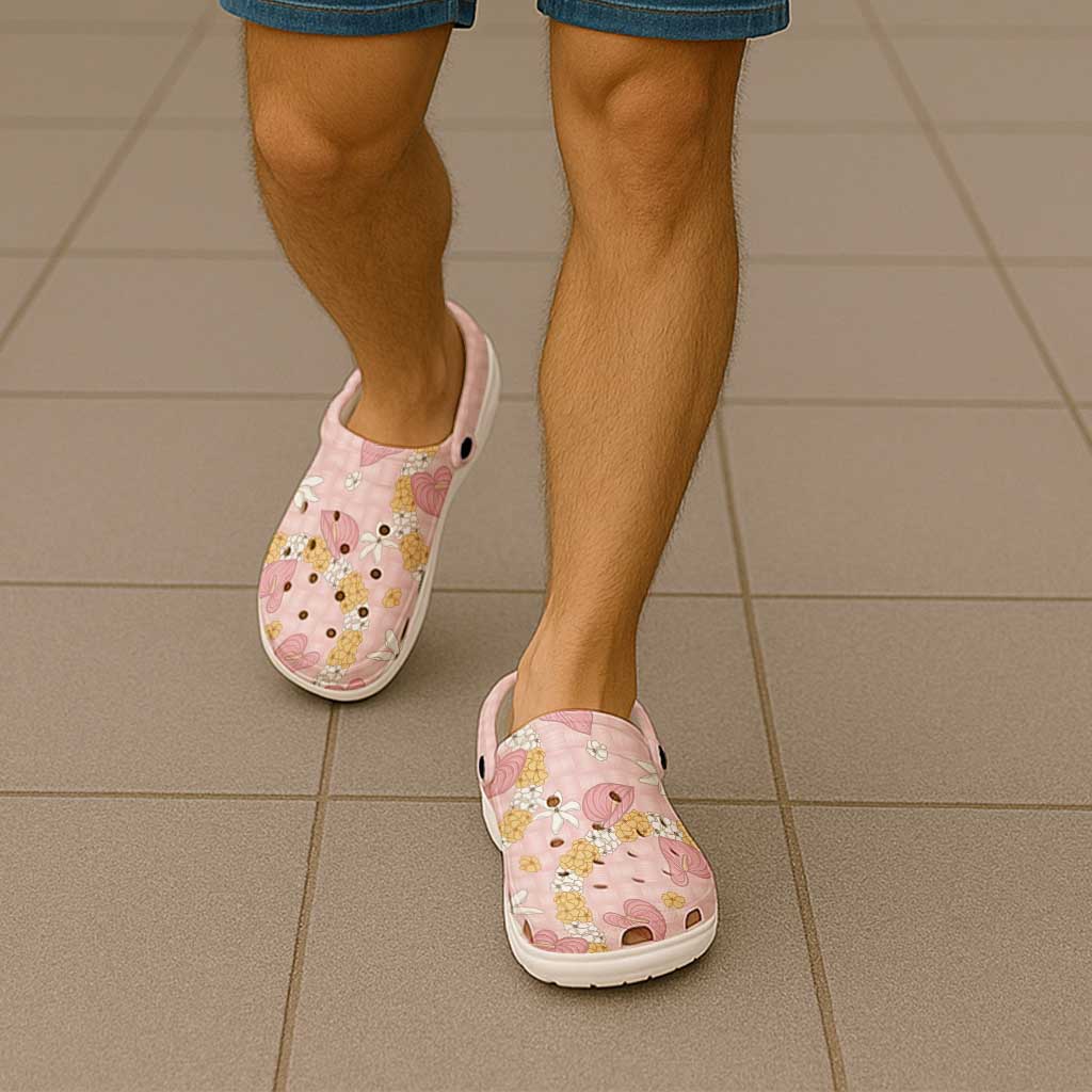 Hawaii Anthurium Tiare Pikake Lei Clogs Shoes Akala Lauhala Art Pattern