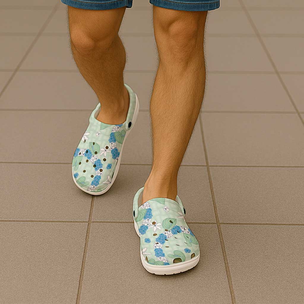 Hawaii Anthurium Tiare Pikake Lei Clogs Shoes Omaomao Lauhala Art Pattern