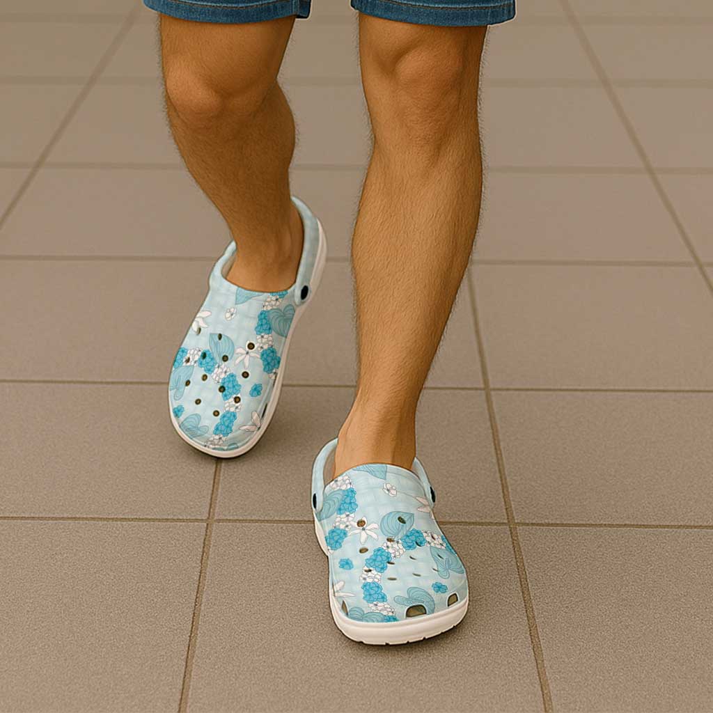 Hawaii Anthurium Tiare Pikake Lei Clogs Shoes UliUli Lauhala Art Pattern