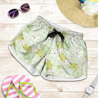 Hawaii Anthurium Tiare Pikake Lei Shorts for Women Sage Green Lauhala Art Pattern