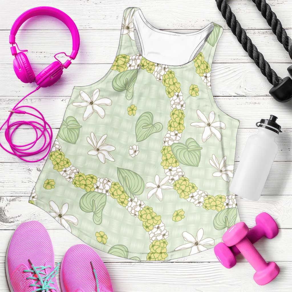 Hawaii Anthurium Tiare Pikake Lei Women Racerback Tank Sage Green Lauhala Art Pattern