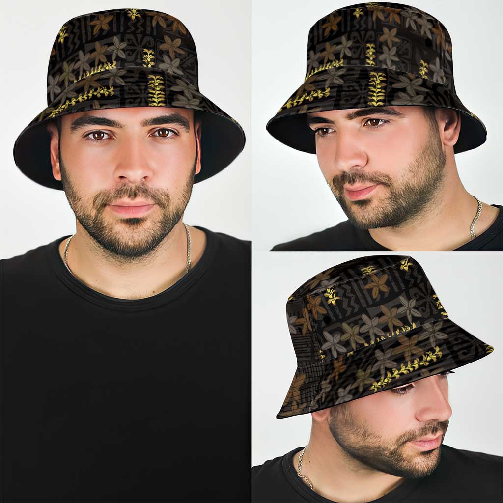 Hawaii Brown Plumeria Lei Black Bucket Hat Frangipani Floral Heritage Art