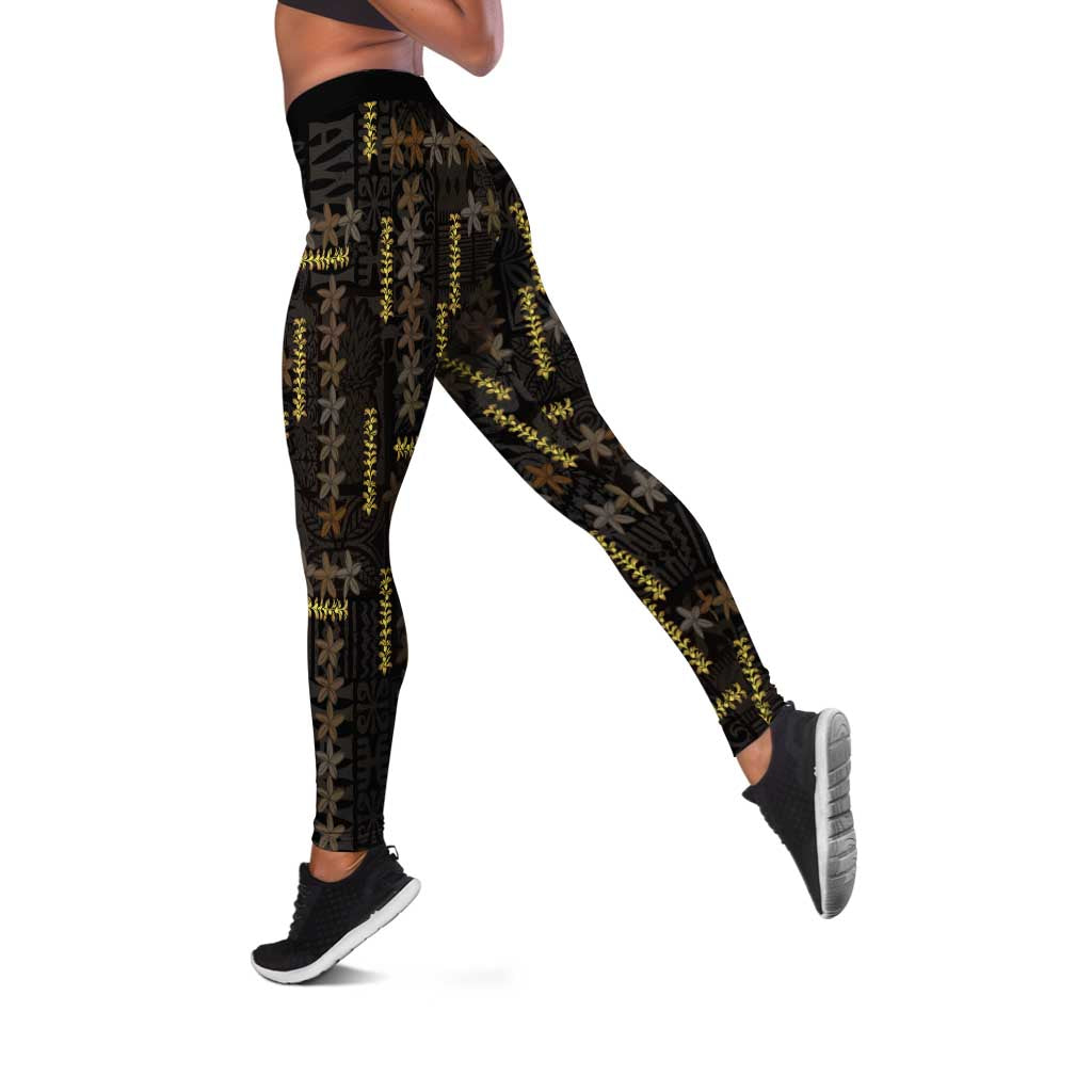 Hawaii Brown Plumeria Lei Black Leggings Frangipani Floral Heritage Art
