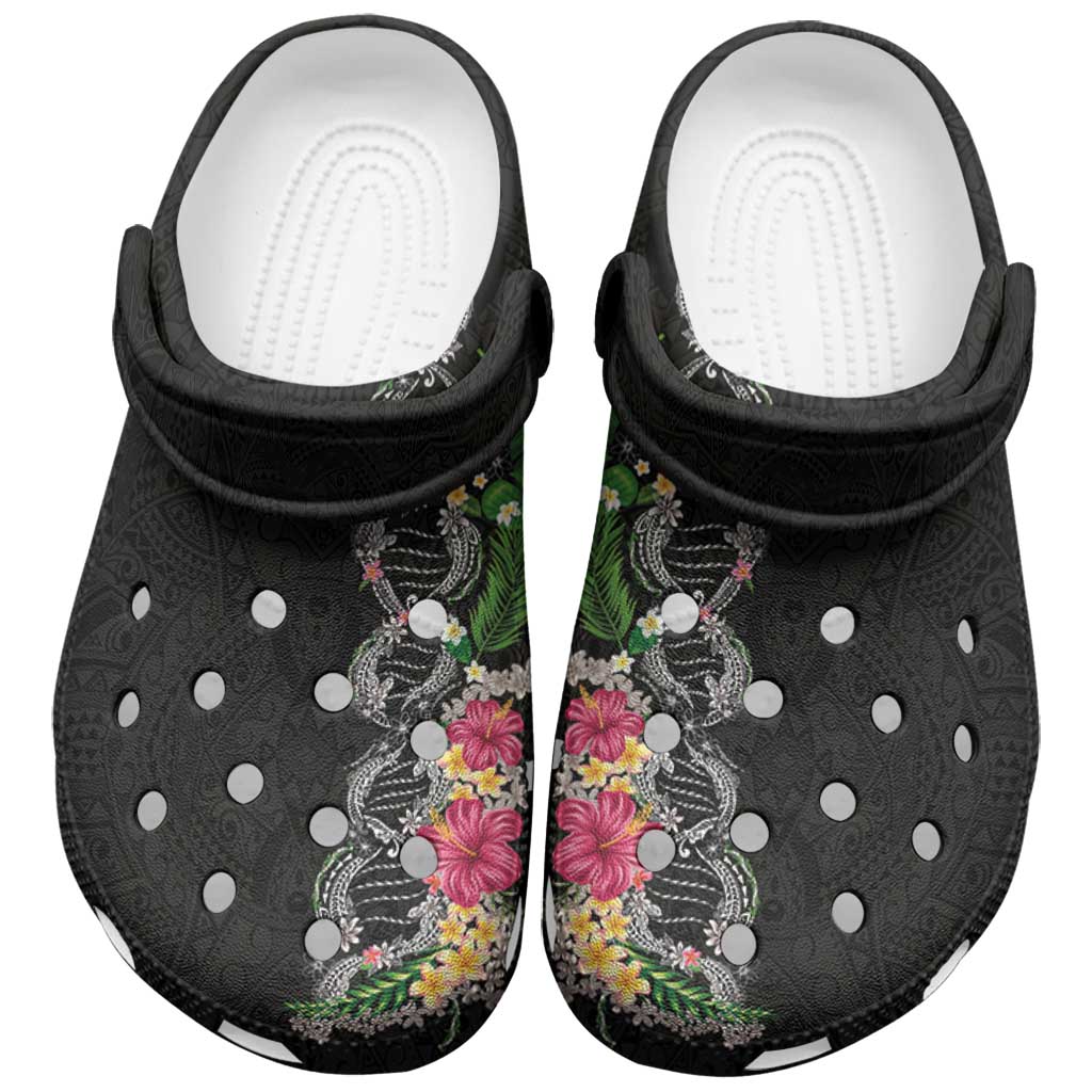Hawaii DNA Kakau Tattoo Clogs Shoes with Plumeria and Hibiscus Tropical Plants Black Color LT03 Black - Polynesian Pride