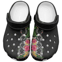 Hawaii DNA Kakau Tattoo Clogs Shoes with Plumeria and Hibiscus Tropical Plants Black Color