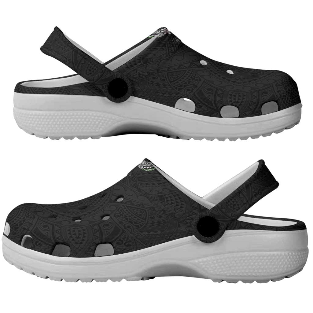Hawaii DNA Kakau Tattoo Clogs Shoes with Plumeria and Hibiscus Tropical Plants Black Color