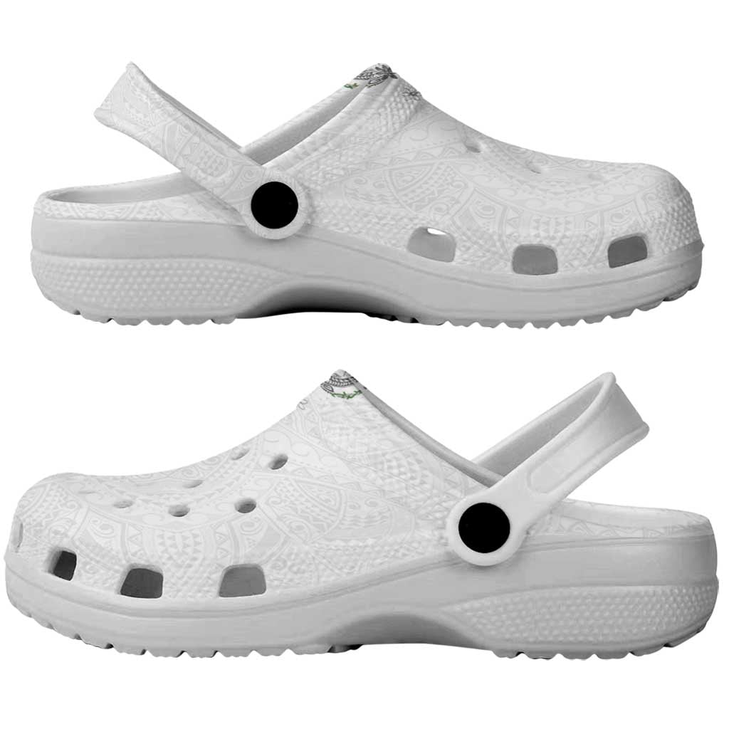 Hawaii DNA Kakau Tattoo Clogs Shoes with Plumeria and Hibiscus Tropical Plants White Color