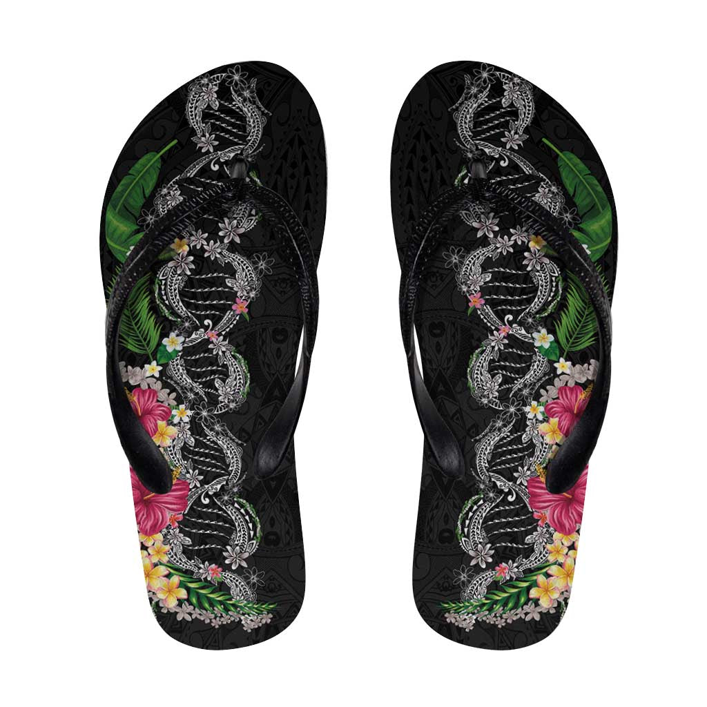 Hawaii DNA Kakau Tattoo Flip Flops with Plumeria and Hibiscus Tropical Plants Black Color