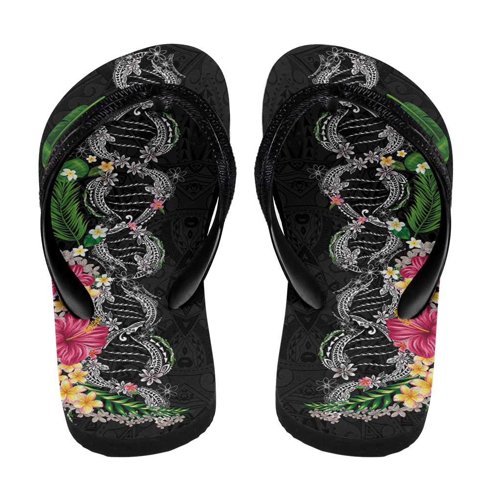 Hawaii DNA Kakau Tattoo Flip Flops with Plumeria and Hibiscus Tropical Plants Black Color