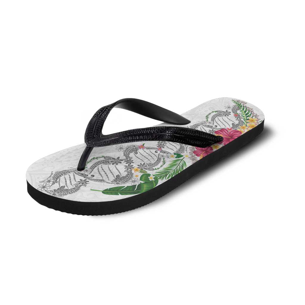 Hawaii DNA Kakau Tattoo Flip Flops with Plumeria and Hibiscus Tropical Plants White Color
