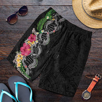 Hawaii DNA Kakau Tattoo Shorts for Men with Plumeria and Hibiscus Tropical Plants Black Color