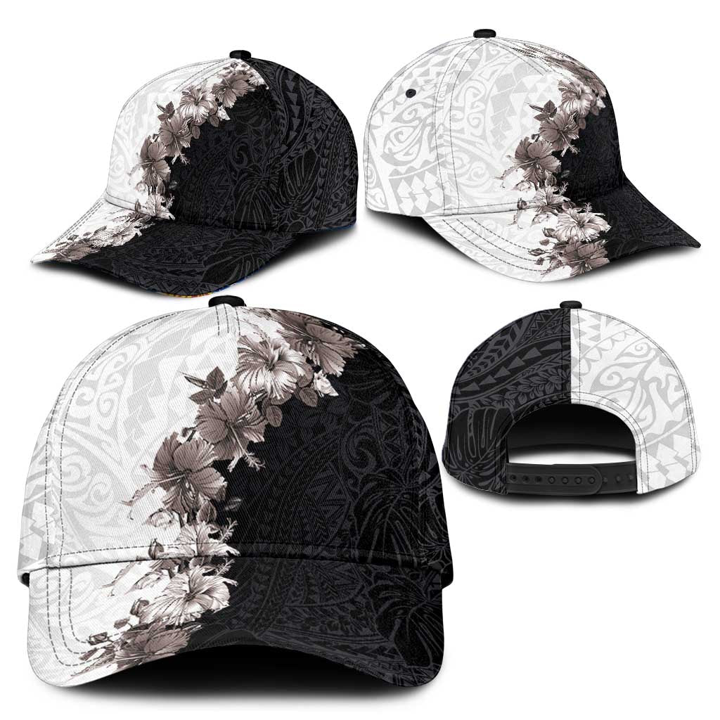 Hawaii Grayscale Hibiscus Flowers Classic Cap Polynesian Pattern Half Black White Version LT03