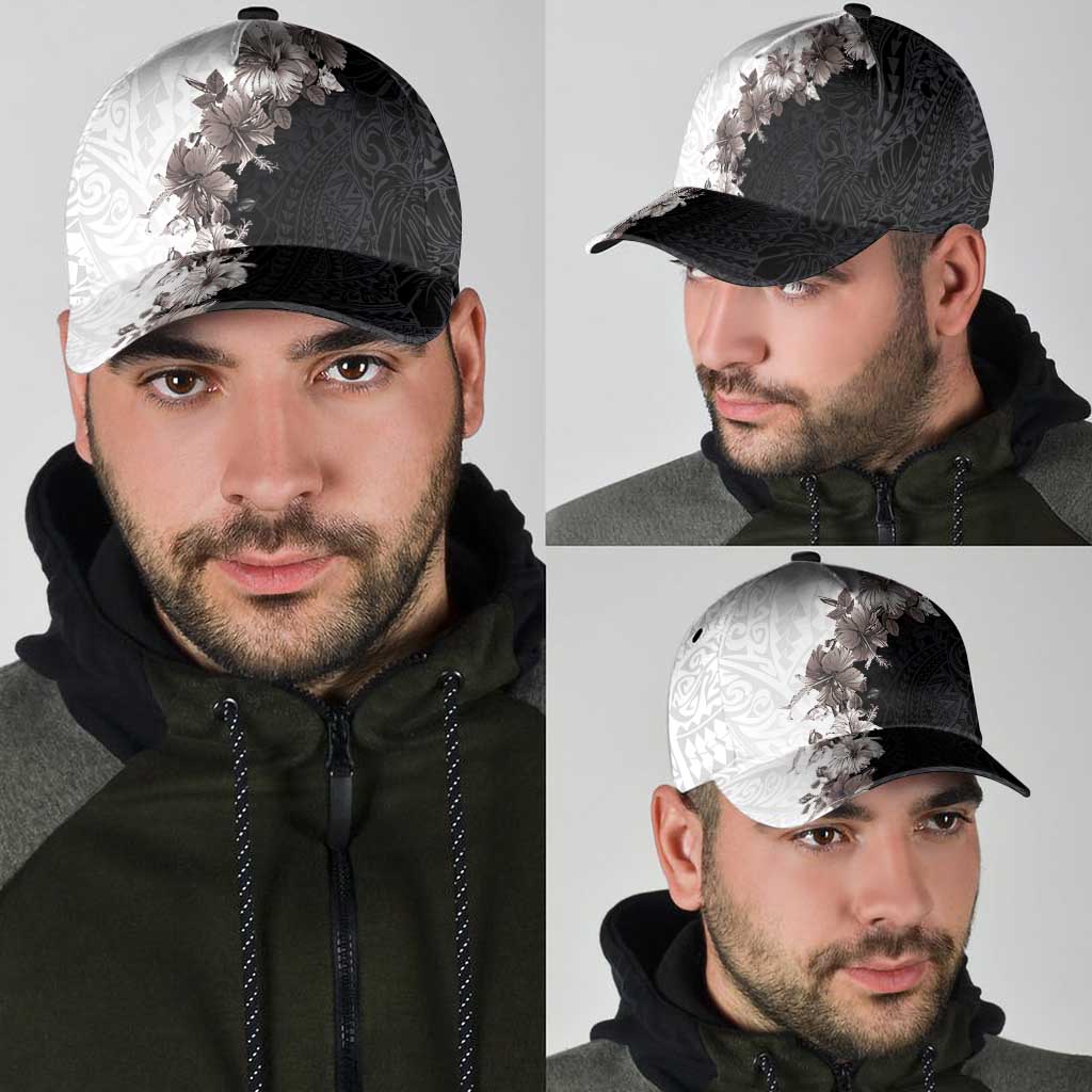 Hawaii Grayscale Hibiscus Flowers Classic Cap Polynesian Pattern Half Black White Version LT03