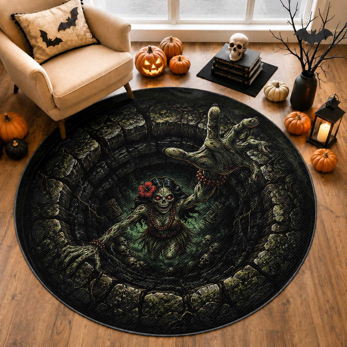 Hawaii Halloween Round Carpet Spooky Tropical Hula Zombie