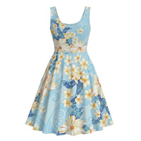 Hawaii Hibiscus Plumeria Blue Midi Dress Polynesian Pattern