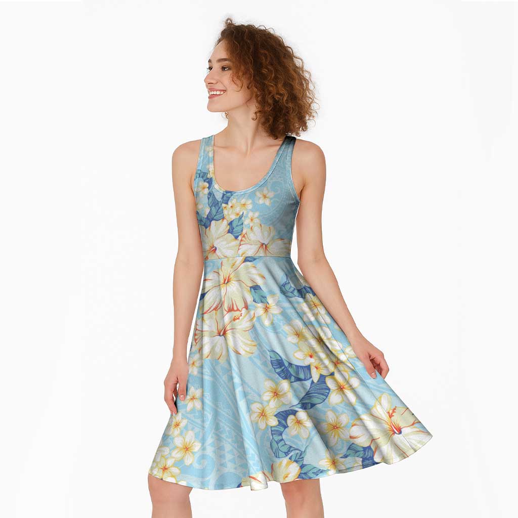 Hawaii Hibiscus Plumeria Blue Midi Dress Polynesian Pattern