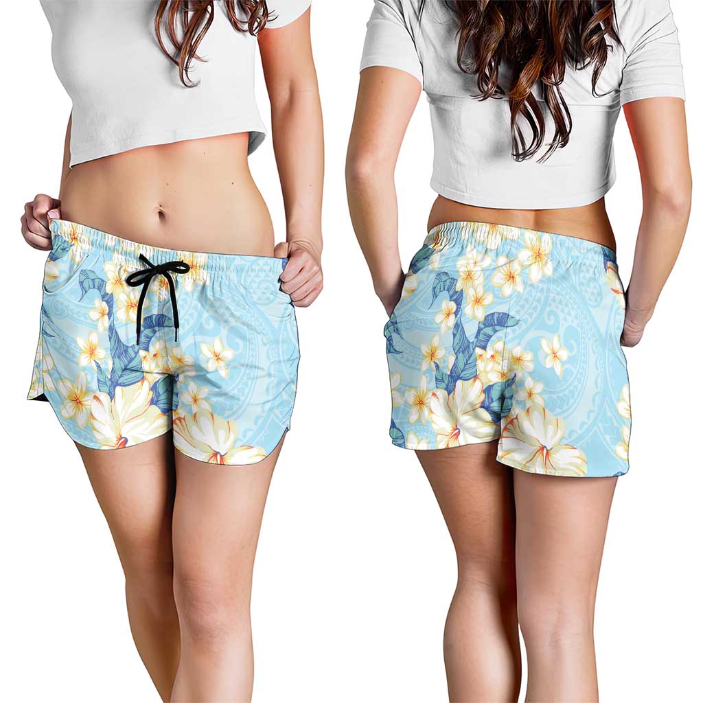 Hawaii Hibiscus Plumeria Blue Shorts for Women Polynesian Pattern