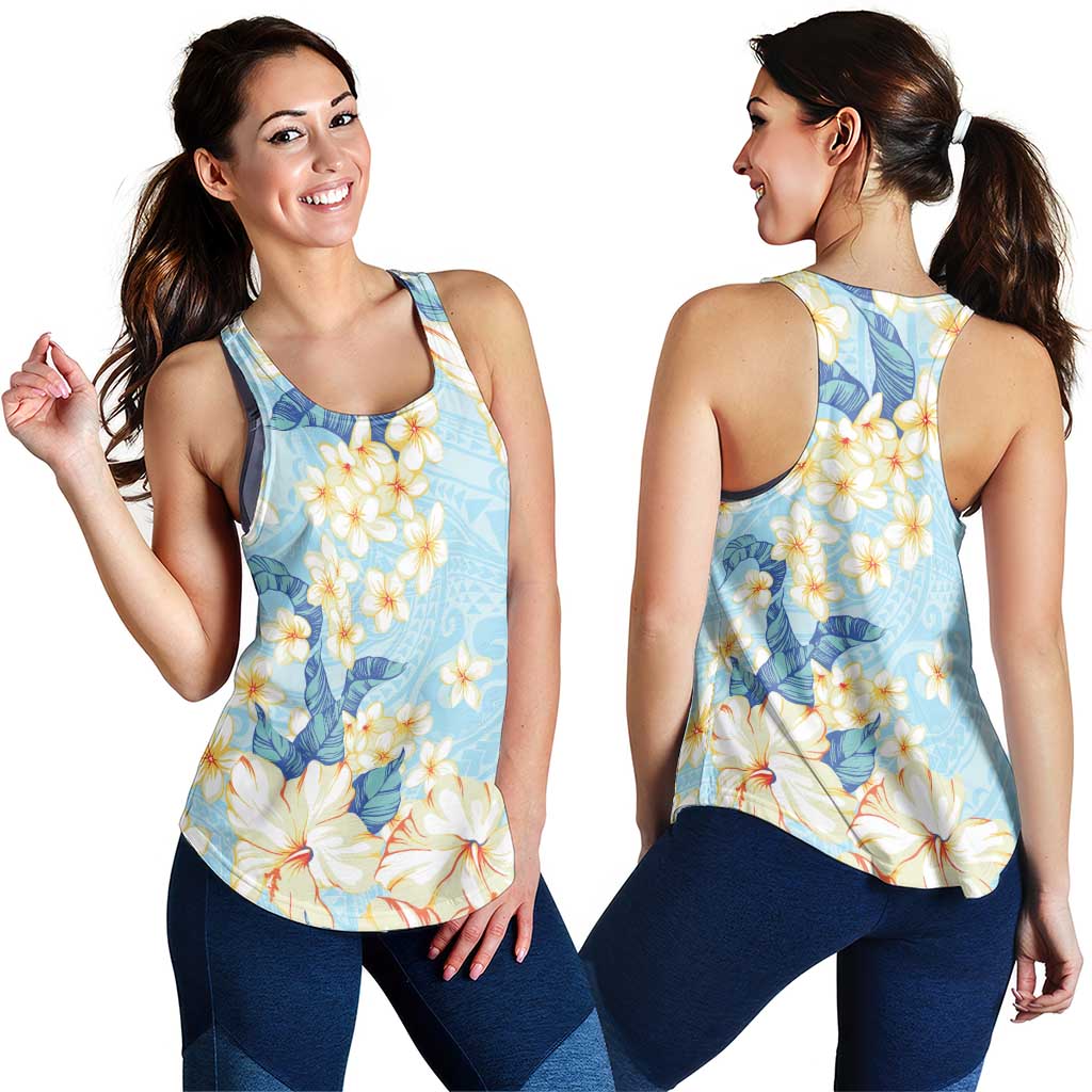 Hawaii Hibiscus Plumeria Blue Women Racerback Tank Polynesian Pattern