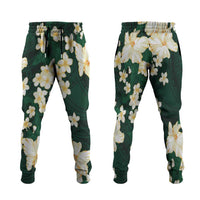 Hawaii Hibiscus Plumeria Green Jogger Pants Polynesian Pattern