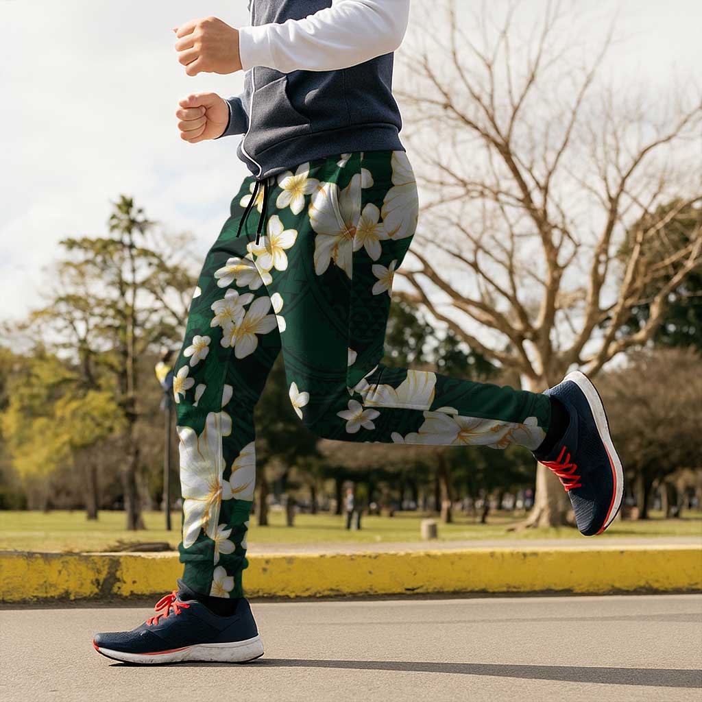 Hawaii Hibiscus Plumeria Green Jogger Pants Polynesian Pattern