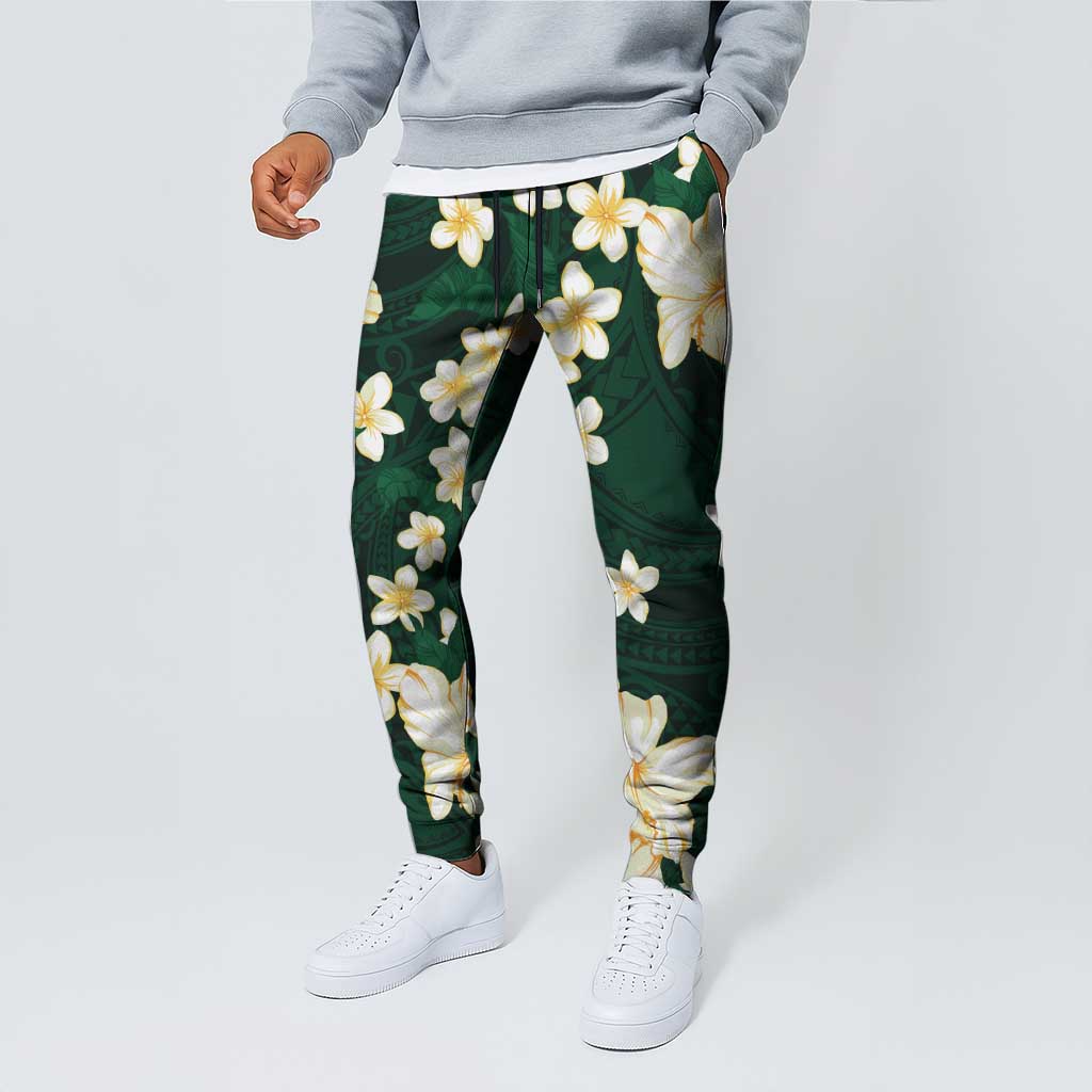 Hawaii Hibiscus Plumeria Green Jogger Pants Polynesian Pattern