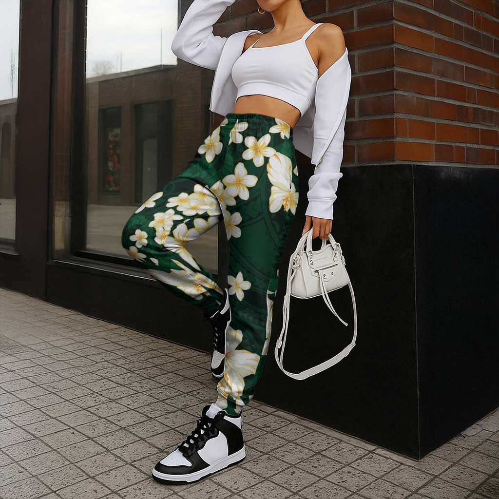 Hawaii Hibiscus Plumeria Green Jogger Pants Polynesian Pattern