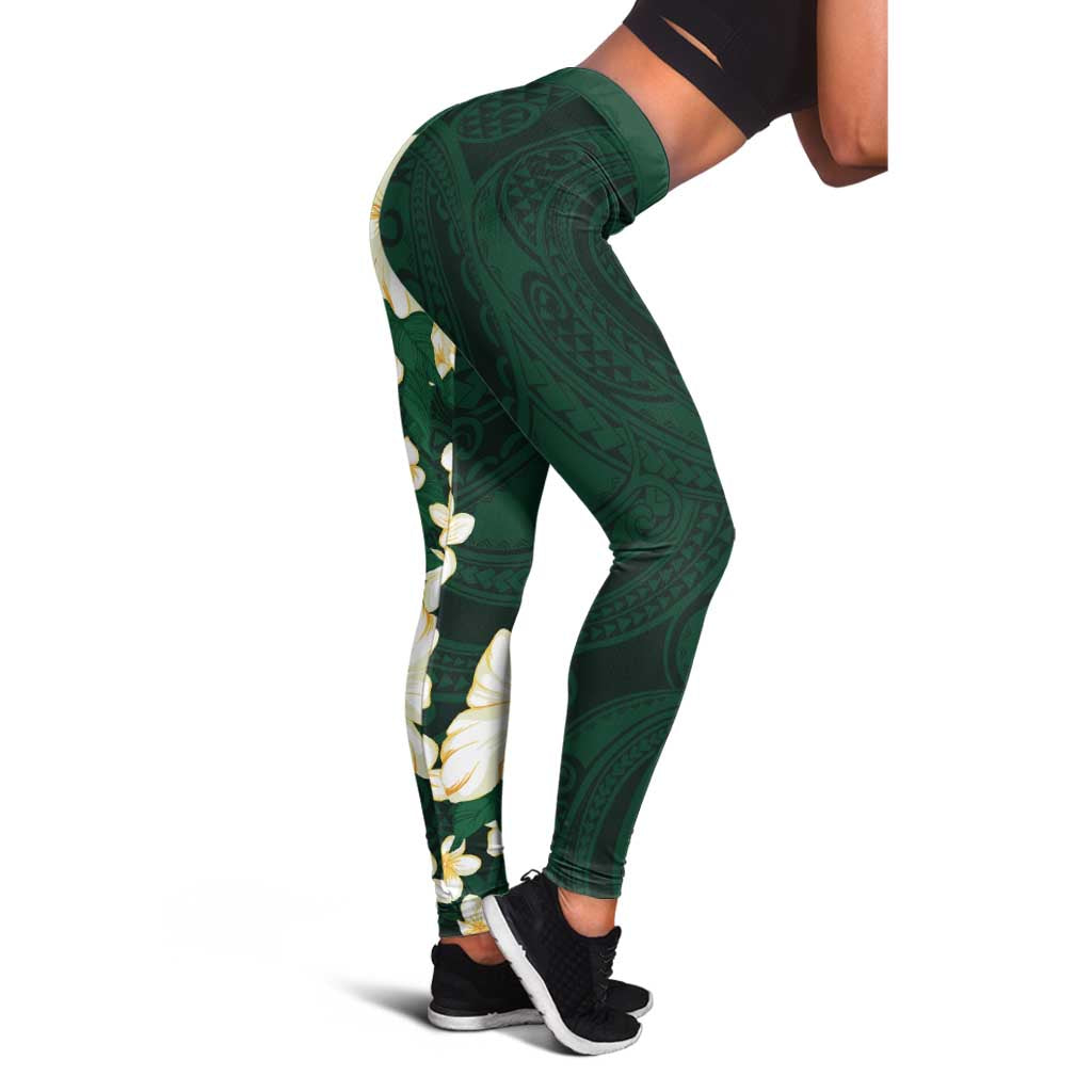 Hawaii Hibiscus Plumeria Green Leggings Polynesian Pattern