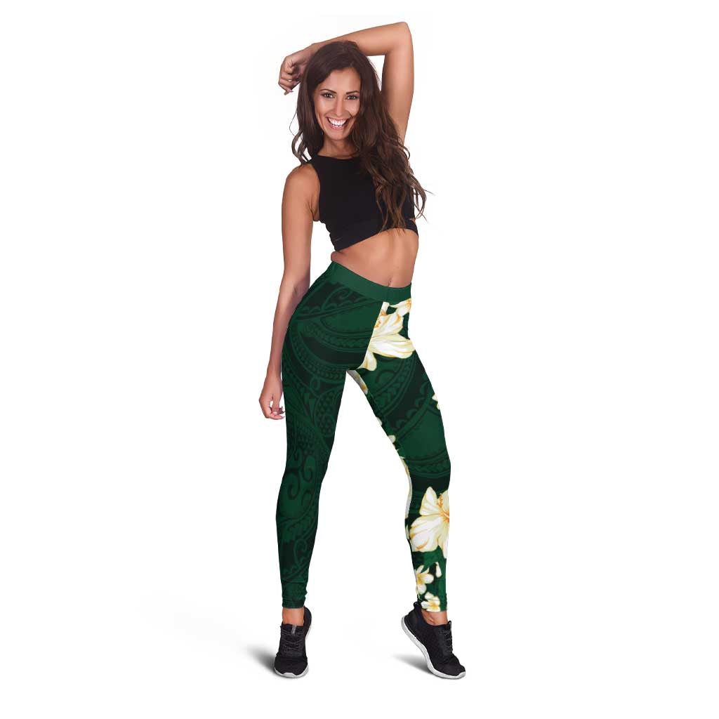 Hawaii Hibiscus Plumeria Green Leggings Polynesian Pattern